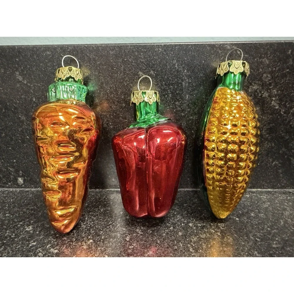 Vintage Blown Glass Vegetable Christmas Ornaments Set of 3 Carrot Pepper Corn 4